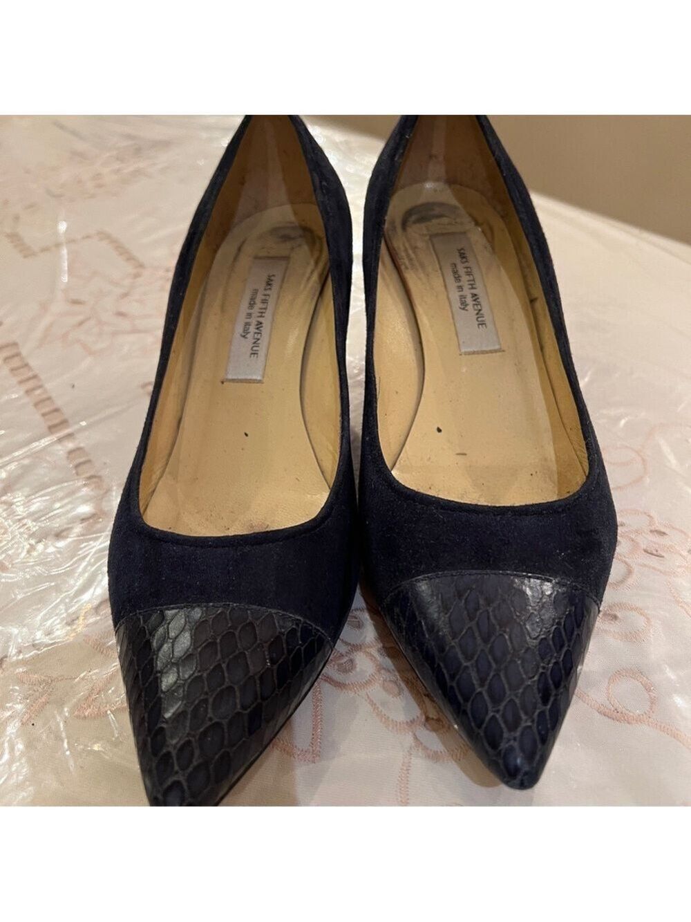 Saks Fifth Avenue Navy Suede & Snakeskin Toe Cap Heels